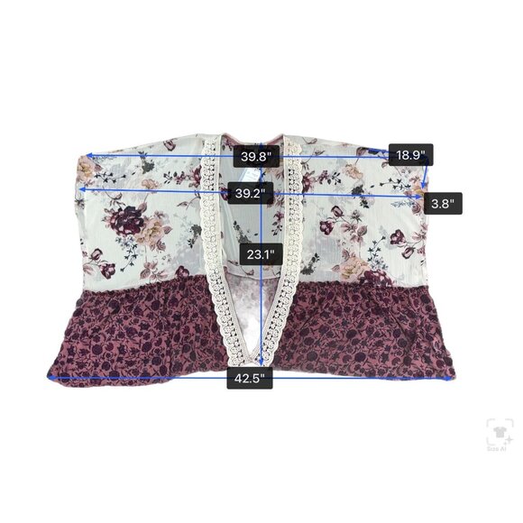 Jolt Womens Ivory & Purple Floral Kimono Cardigan With Lace Trim Polyester Sz L - Picture 8 of 9